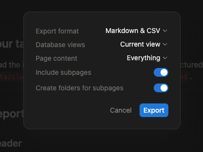 Notion's built-in export dialog — manual, one-time, no scheduling