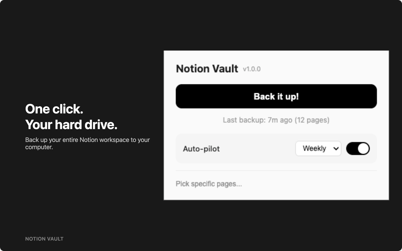 Notion Vault extension — one-click backup with weekly auto-pilot scheduling